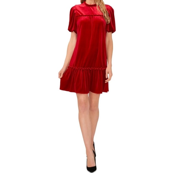 NWT CeCe Short Sleeve Ruffle Hem Keyhole Back Red Velvet Mini Dress Size Small - Picture 3 of 4